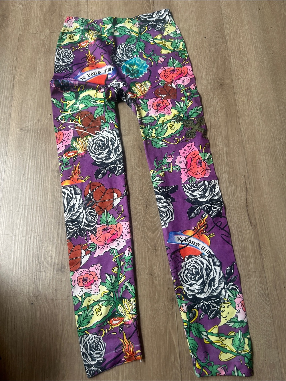 Dolls Kill Purple Floral Tattoo Print Leggings